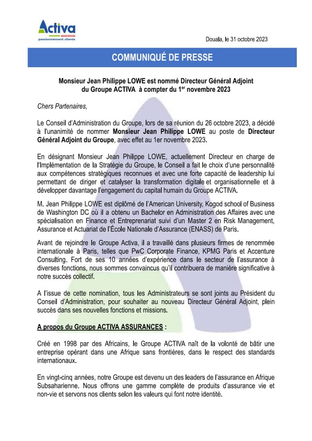 Communiqué de presse : Monsieur Jean-Philippe LOWE est nommé Directeur Général Adjoint du Groupe ACTIVA
